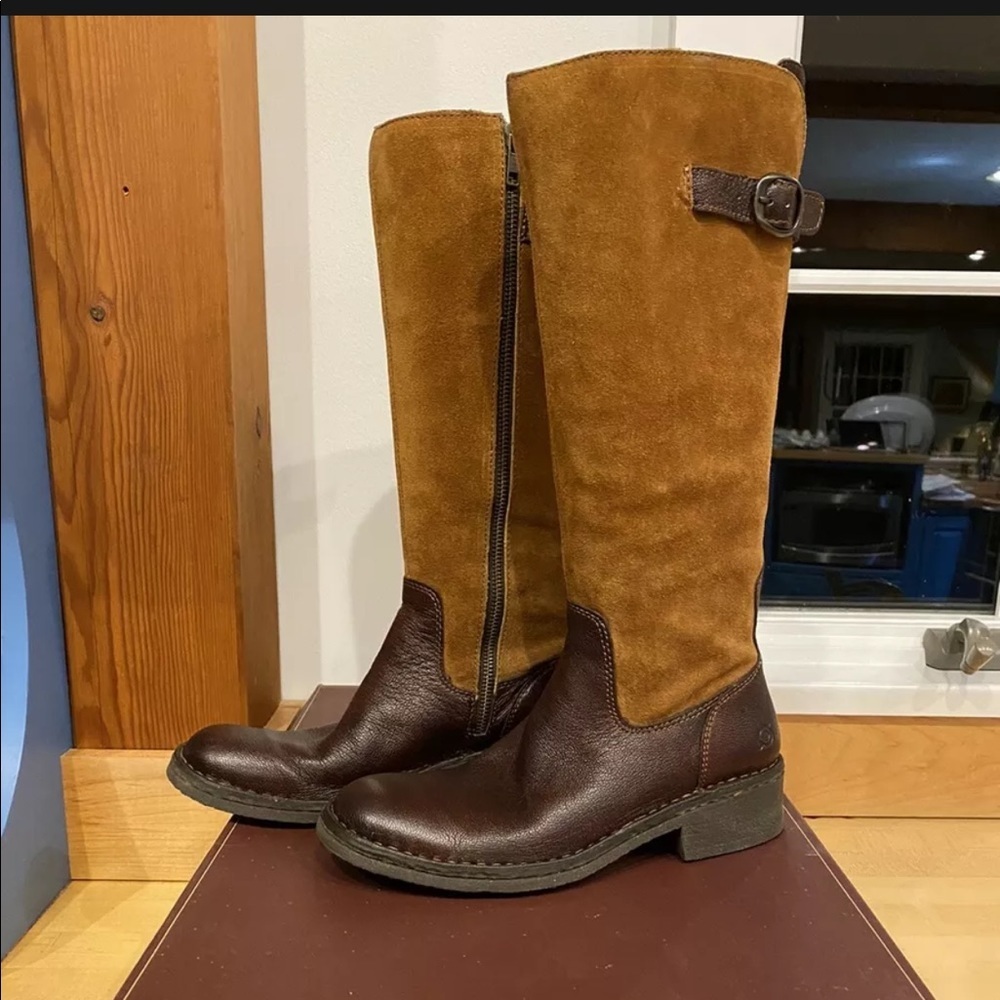 Born Crown “Beret” tall boots - tan suede with dark brown leather foot MSRP $355 - Picture 5 of 5